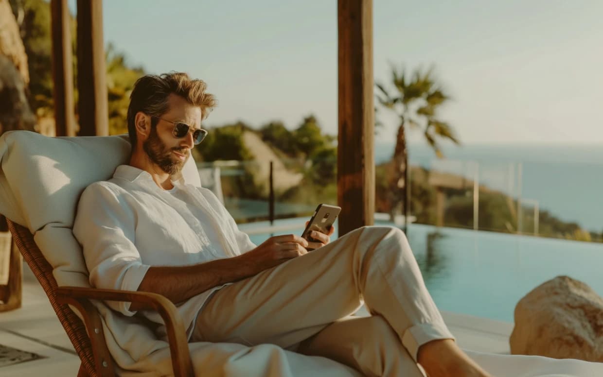 Owner relaxing by coast